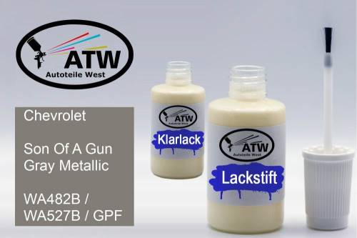 Chevrolet, Son Of A Gun Gray Metallic, WA482B / WA527B / GPF: 20ml Lackstift + 20ml Klarlack - Set, von ATW Autoteile West.